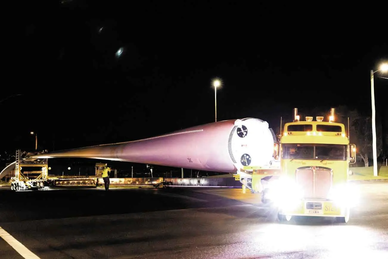 <p>The first of 207 wind turbine blades made the trek to Wellington earlier this month for the Uungula Wind Farm project. Photo: Squadron Energy</p>\\n