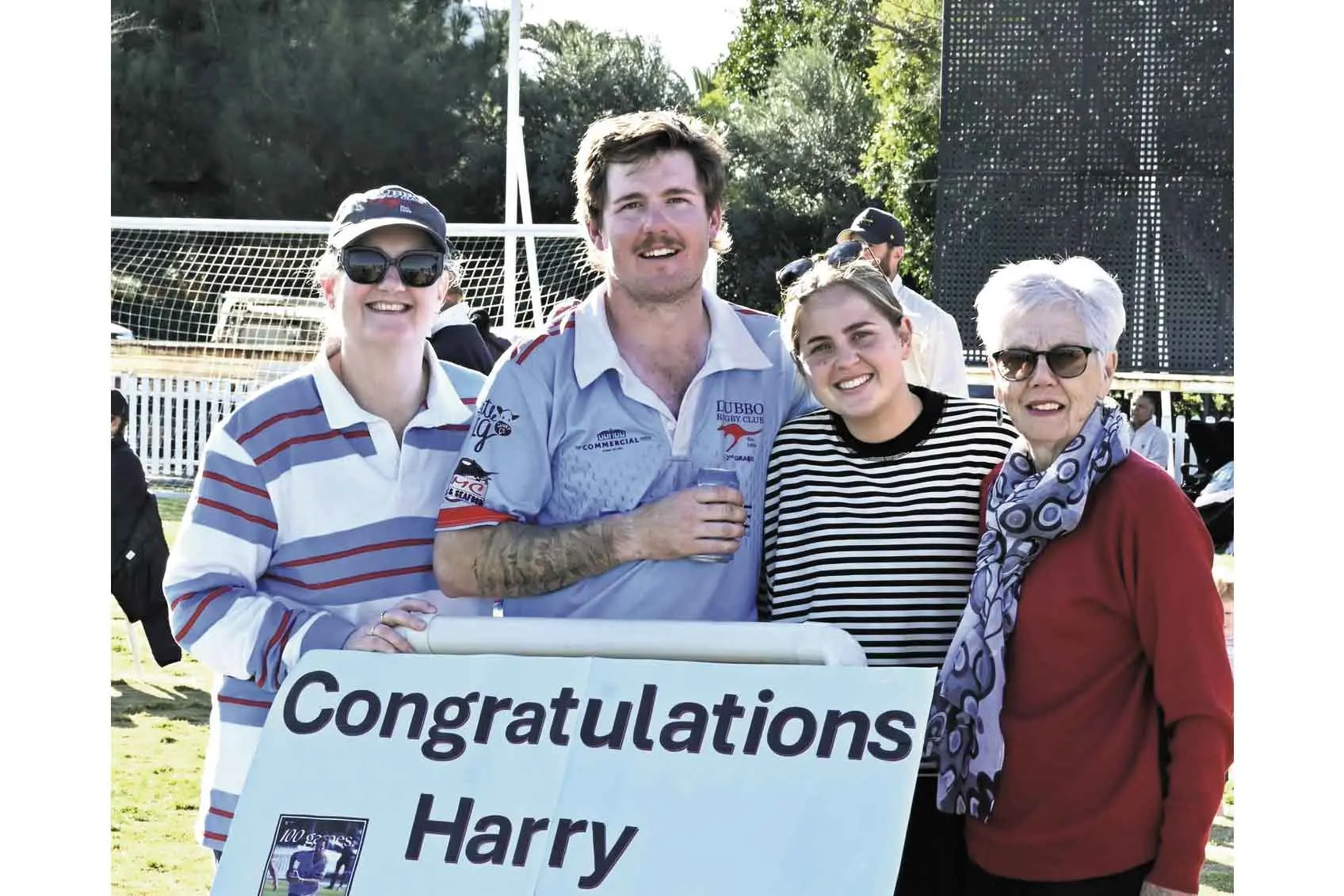 <p>Harry Eggleton and family celebrating 100 games. Photo: Supplied</p>\\n