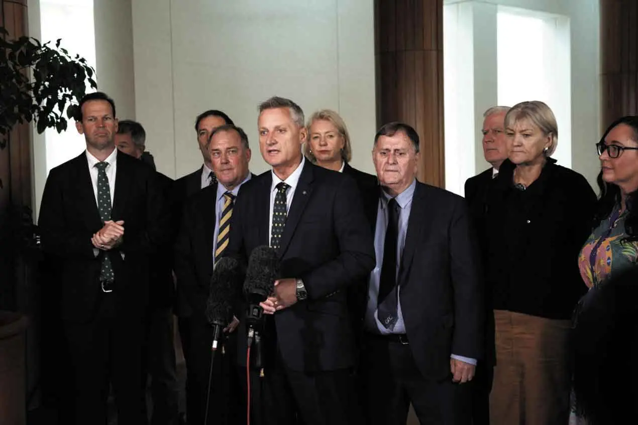 <p>Federal Member for Parkes, Jamie Chaffey MP, with mayors and council representatives calling for the Inland Rail project to continue north of Parkes at Parliament earlier this year. Photo: Parkes Electorate</p>\\n