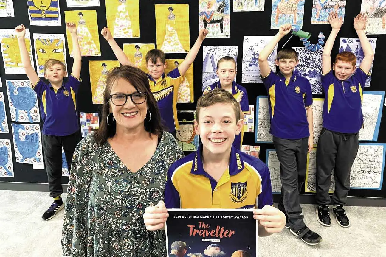 <p>Poet, and he knows it! Fascinating entry about old-style steam engines recently earned a top prize for creative South Dubbo Public student, Ashton Thorne-Small, in the Dorothea Mackellar Poetry Awards. He is seen here with fellow K6N students, and teacher Felicity Nolan. Photo: Supplied</p>\\n