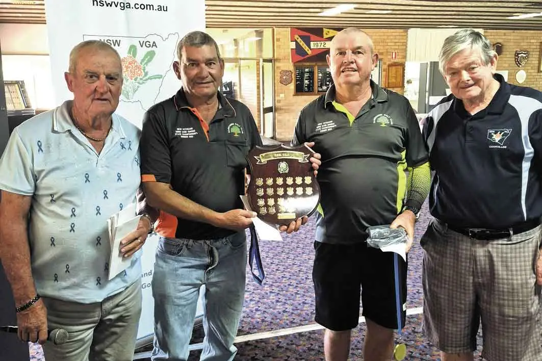 <p>Peter Hutchison (President Narromine Vets), NSWVGA 2026 4Ball Championship Winners Robert Williams and Tony Mann, and John Daley (President, NSWVGA). Photo: Supplied</p>\\n