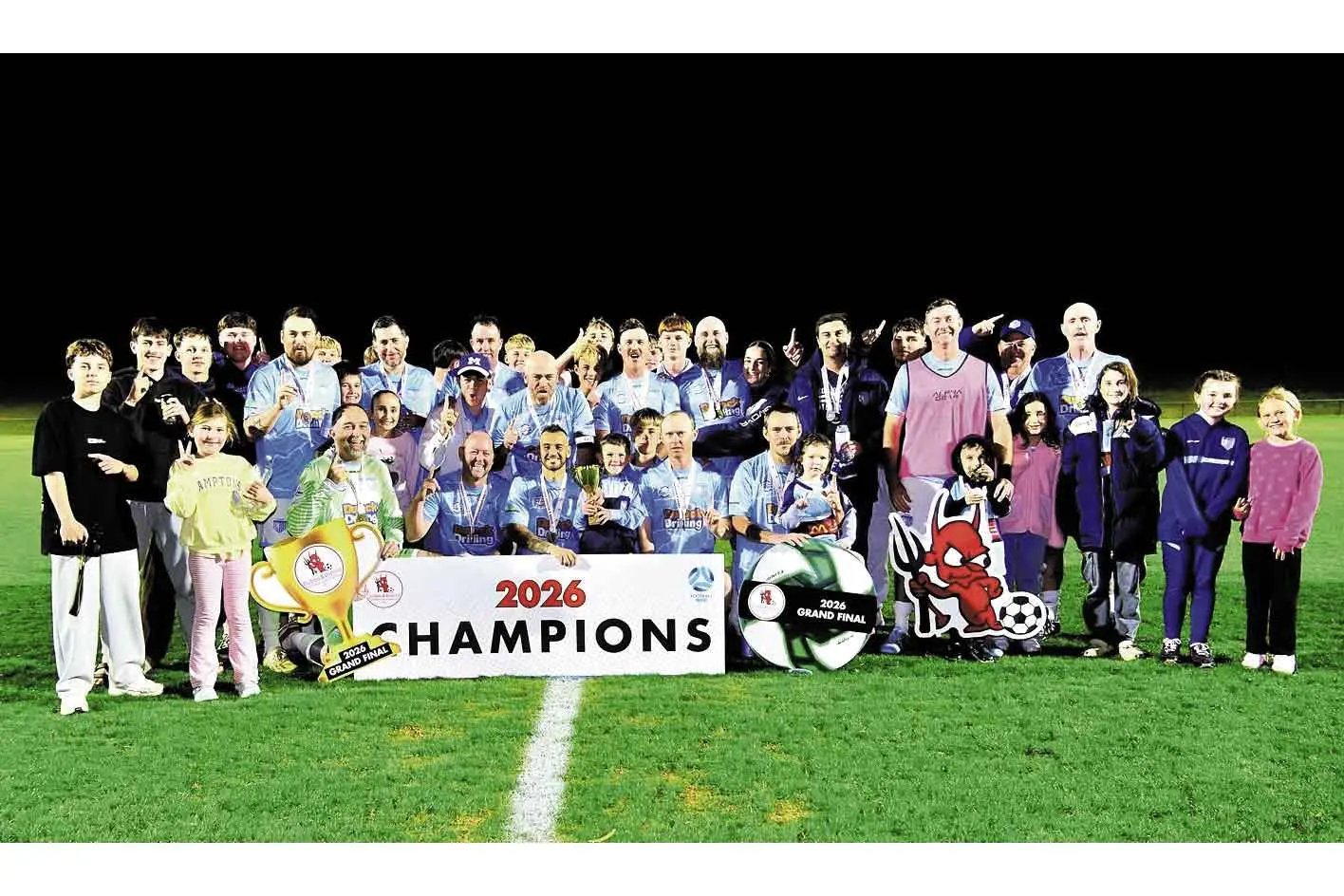 <p>The smell of Deep Heat in the evening\\u2026 Macquarie United\\u2019s Over 35s won their grand final match on Friday night against Dubbo Bulls. Photo: Supplied. </p>\\n