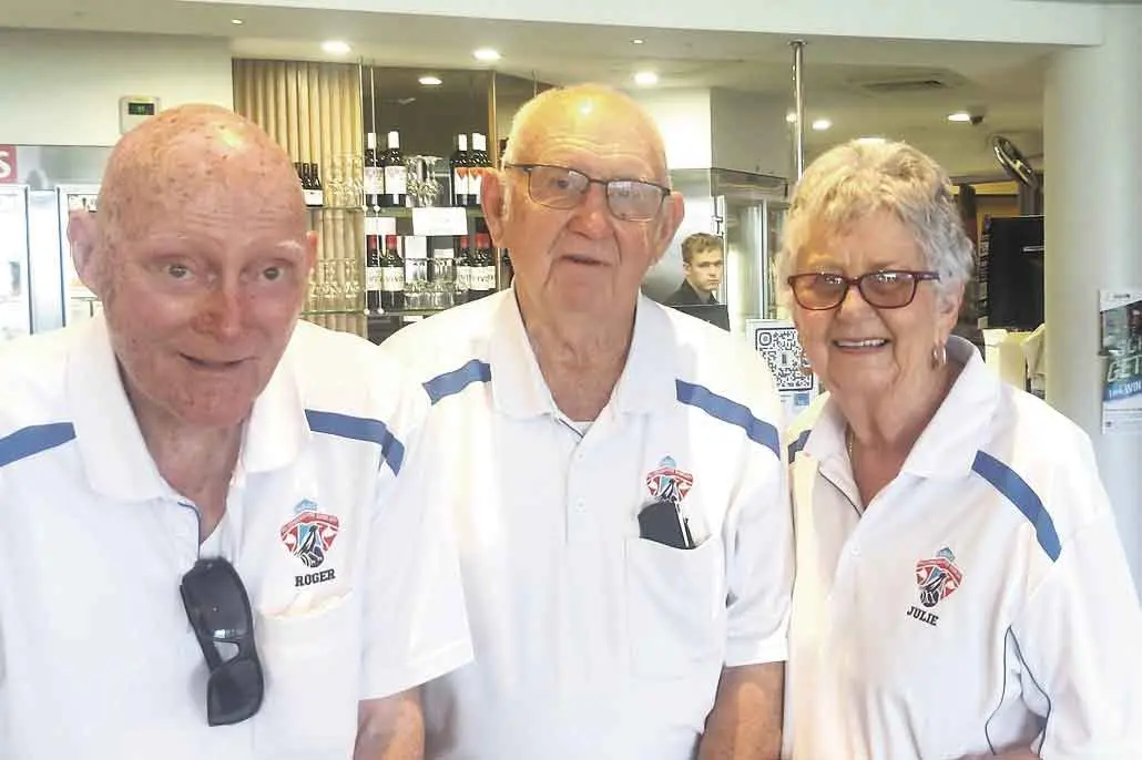 <p>Winners are grinners: Roger Sherwin, Brian Jones, and Julie Brown, who won the day at Sporties. Photo: Supplied. </p>\\n