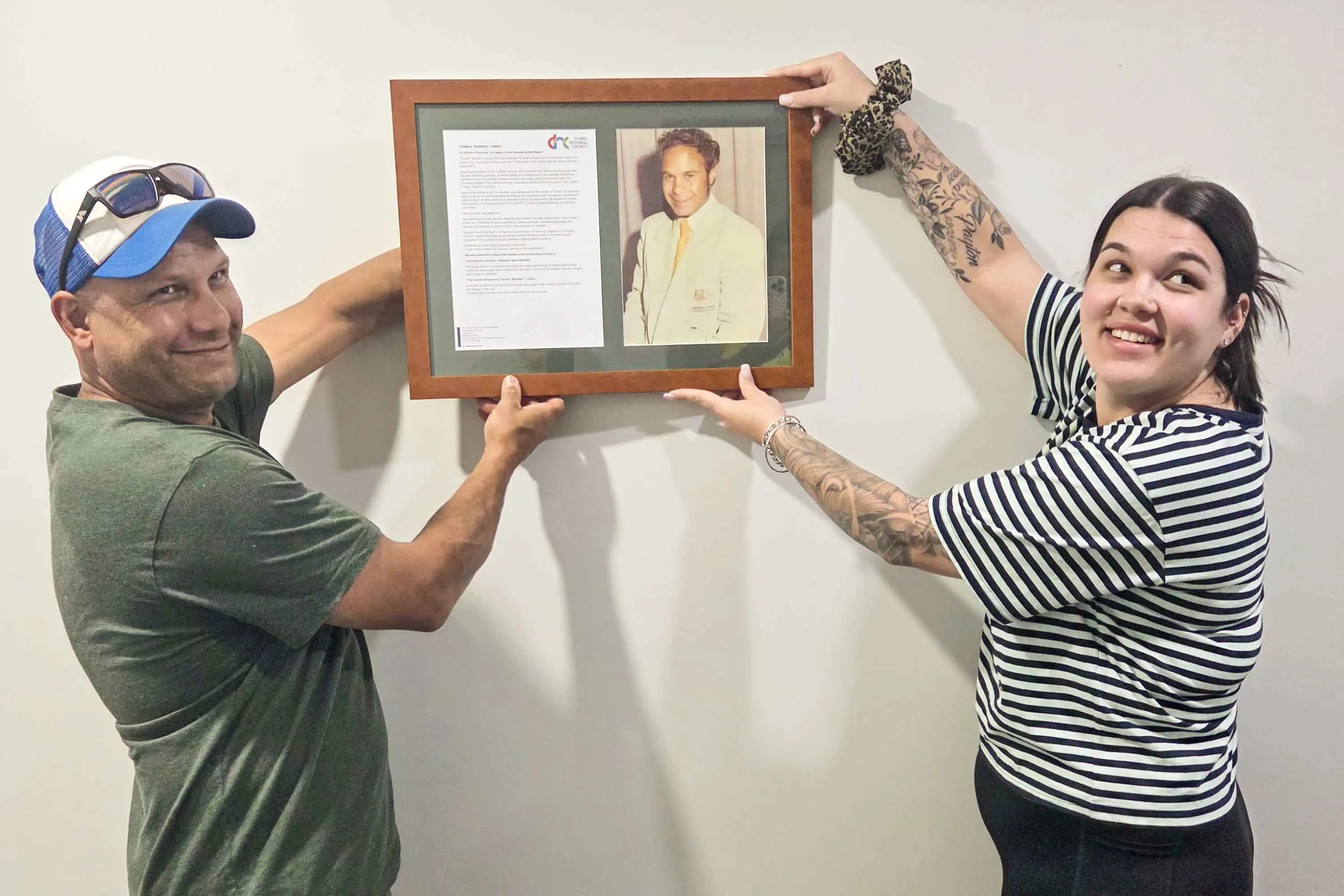 <p>Luke Carney and Shalyn Carney with the tribute to Thomas \\u201CBomber\\u201D Carney now proudly displayed at Dubbo Regional Airport. Photo: Supplied</p>\\n