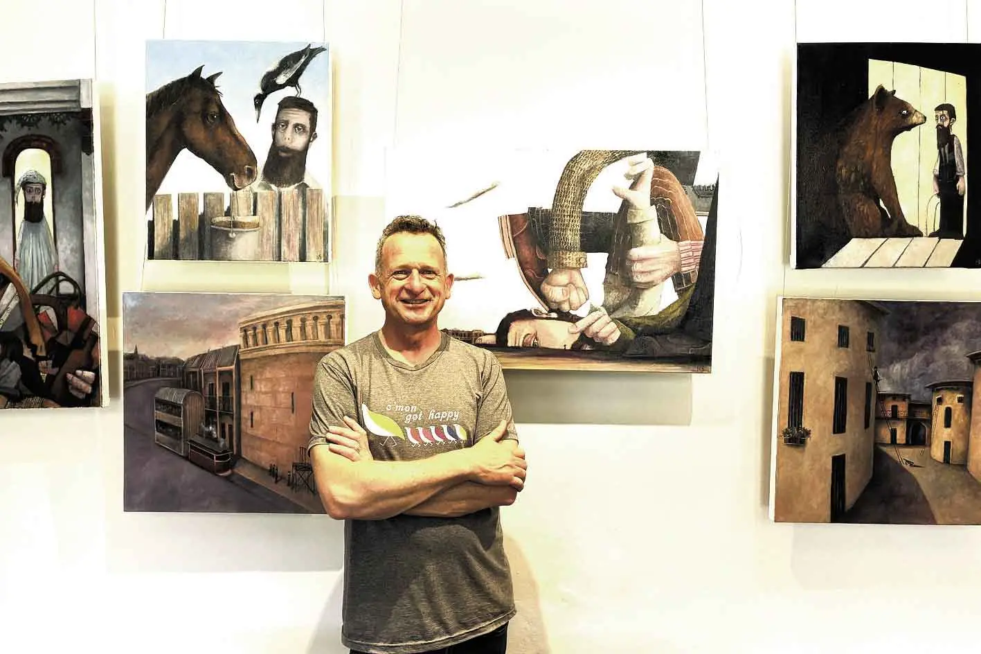 <p>On the nose; Mudgee artist Michael Bourke with some of the artworks in the current exhibition at Old Dubbo Gaol about the State\\u2019s longest serving hangman, Robert \\u201CNosey Bob\\u201D Howard. Photo: Supplied. </p>\\n