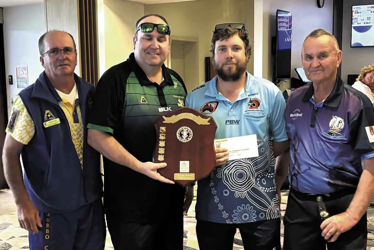 <p>Winners with event sponsor Robbie Cook: Josh Andriske, Cooper McMullen and Allan Andriske from Macquarie River Rats. Photo: Back Bowls</p>\\n