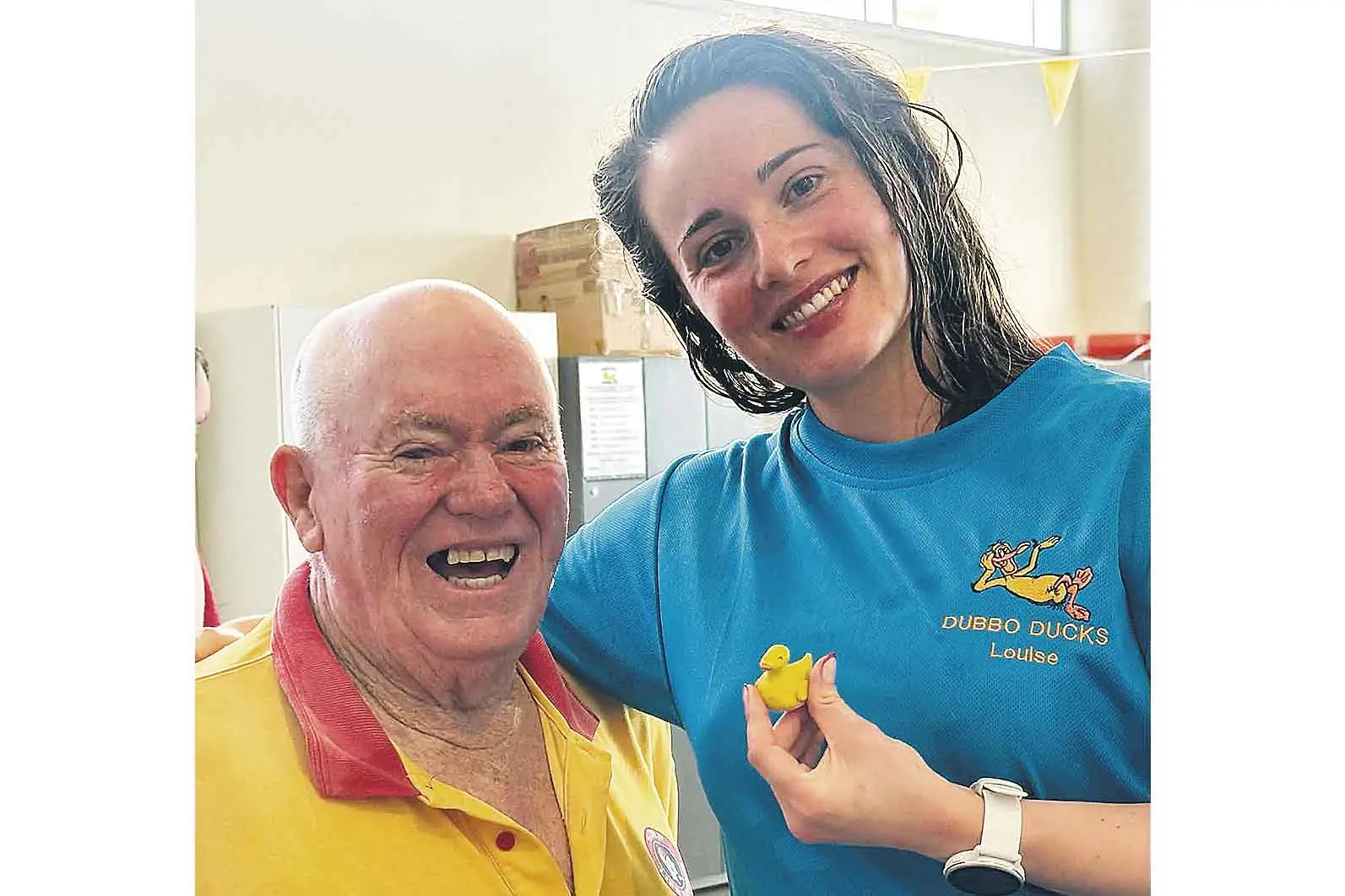 <p>Tim Moore anDucks President Henry Wilcockson being presented with a clay duck by the lovely Louise Poulain, soon heading-off to see more of Australia. Photo: Suppliedd Leo Balstad at RSL Combination Bowls. Photo: Supplied. </p>\\n