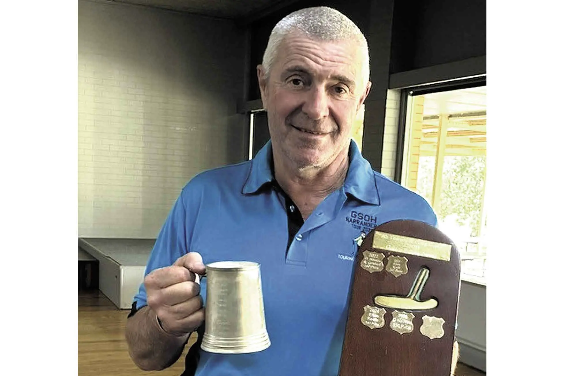 <p>With a good sense of humour, Steve Whiteman emerged as the overall winner in the recent GSOH social golf club tour of the Riverina, receiving the Russell Gersbach Memorial Mug as well as the, earning the Ab Towney and Coug Cowan Memorial Trophy for putting as well. Photo: Supplied. </p>\\n